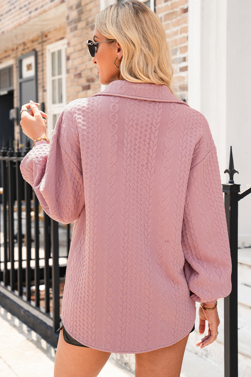 Cable Texture Puff Sleeve Loose Shacket - eAura