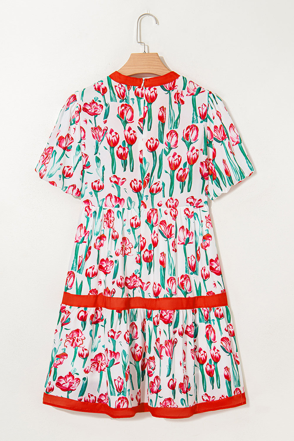 Pink Floral Print Contrast Trim V Neck Bubble Short Sleeve Babydoll Dress eAura