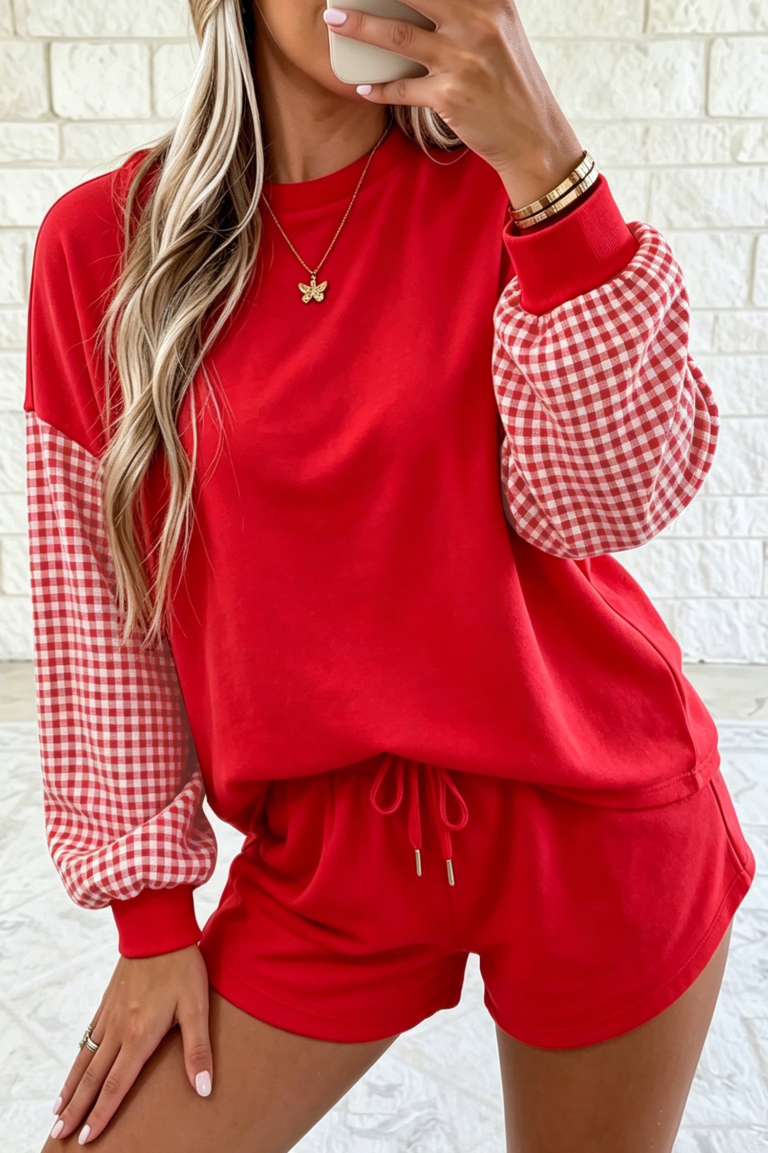 Plaid Patchwork Long Sleeve Top Solid Drawstring Shorts Set – Red