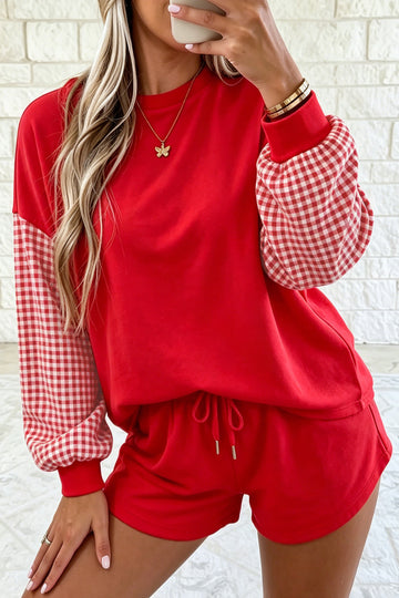 Plaid Patchwork Long Sleeve Top Solid Drawstring Shorts Set – Red