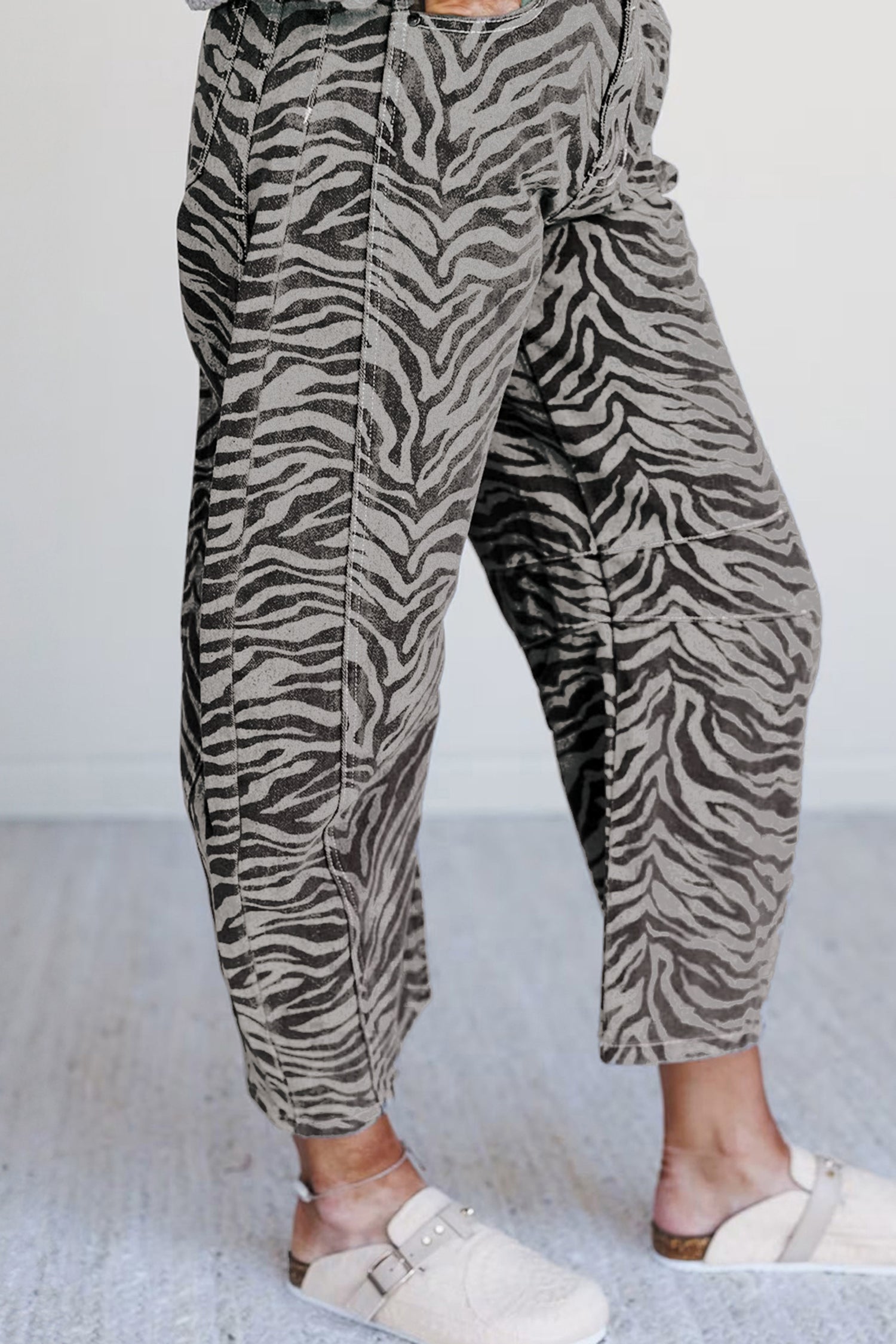 Zebra Stripe Printed Wide Leg Barrel Jeans – Gray