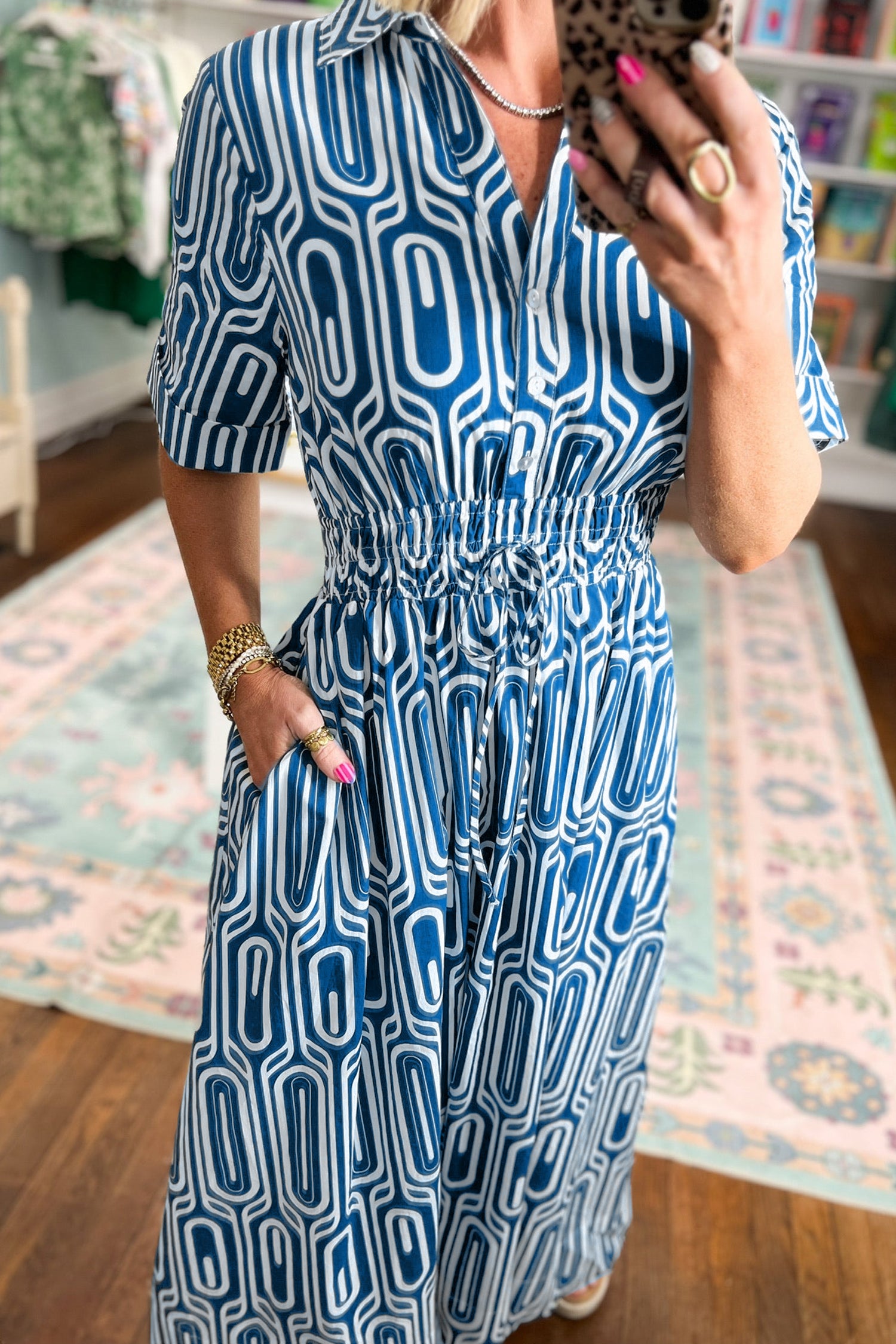 Geometric Print Short Sleeve Drawstring Shirt Collar Dress – Blue