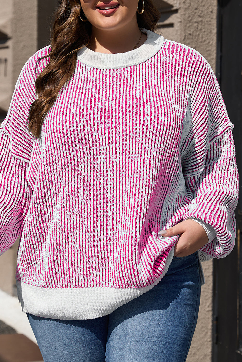 Bright Pink Striped Textured Knit Contrast Edge Loose Sweater eAura