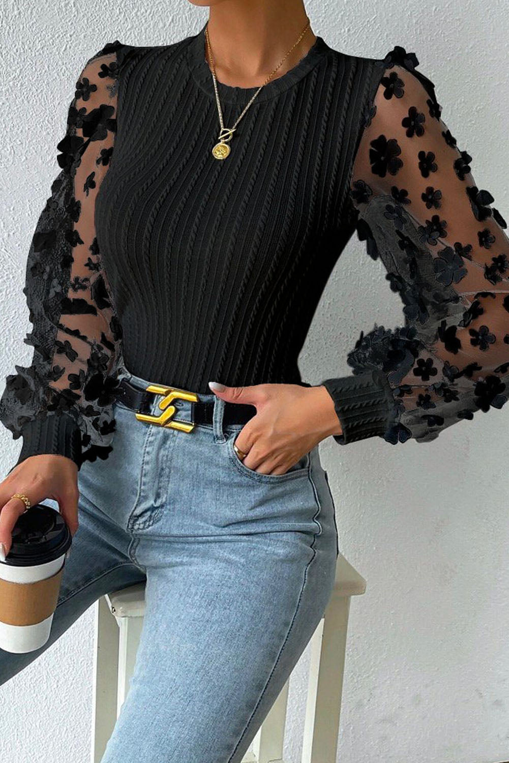 Floral Applique Mesh Sleeves Textured Knit Blouse eAura