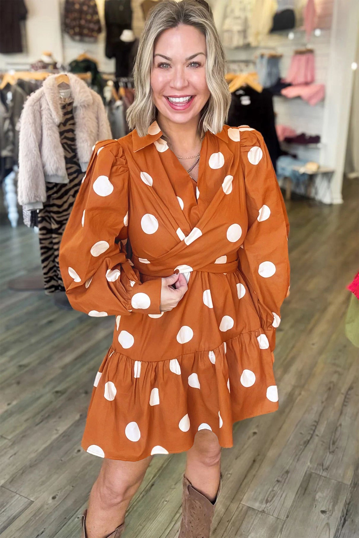 Polka Dot Long Sleeve Tie Waist Casual Shift Mini Dress – Brown