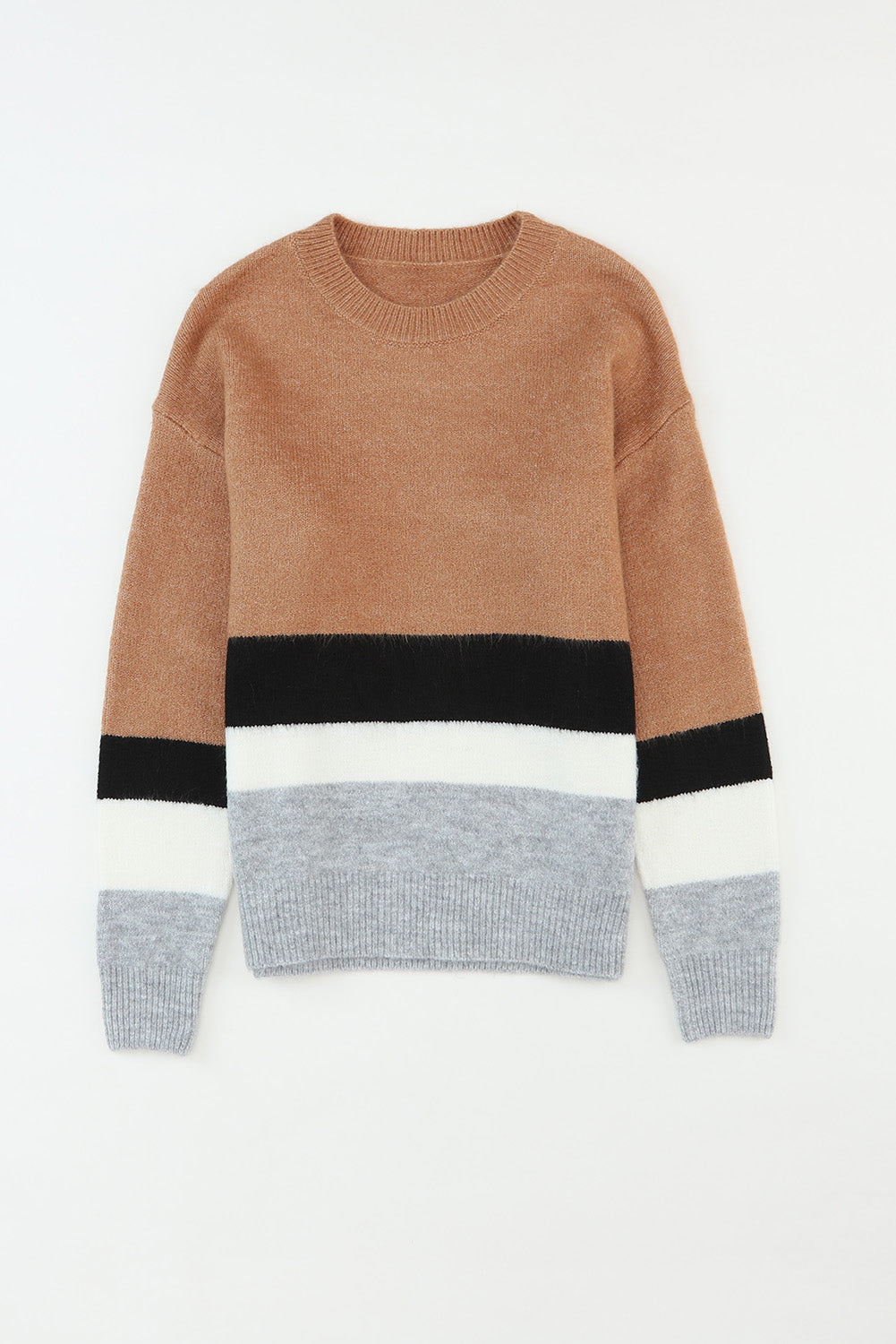 Brown Colour Block Striped Ribbed Knit Sweater eAura