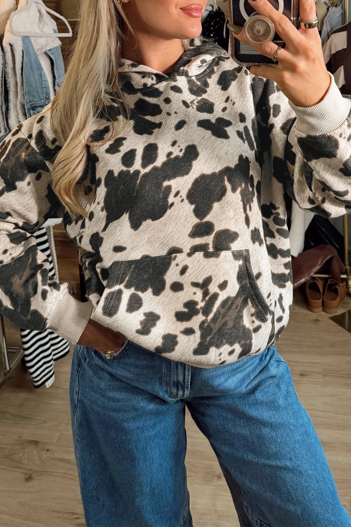 Hoodie Western Print Long Sleeve Pocket Regular Fit