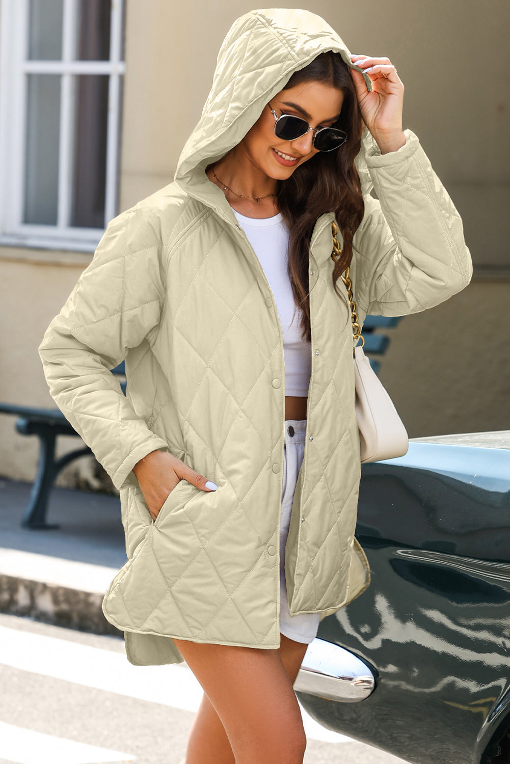 Beige Quilted Snap Button Hooded Coat eAura