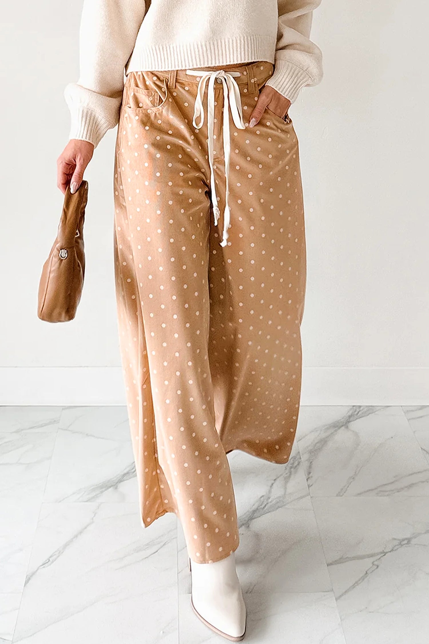 Khaki Polka Dot Print Drawstring Wide Leg Pants - Bottoms/Pants & Culotte