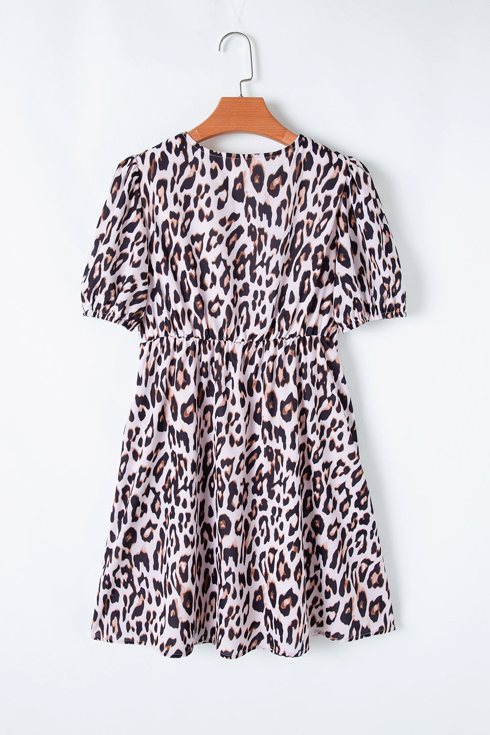 Leopard Print Tied Front Keyhole Puff Short Sleeve Mini Dress eAura