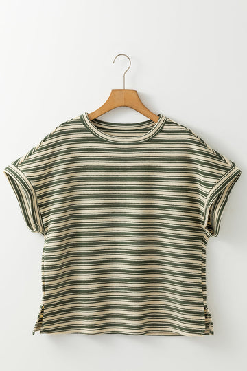 Green Stripe Textured Side Slits Crew Neck T Shirt - eAura