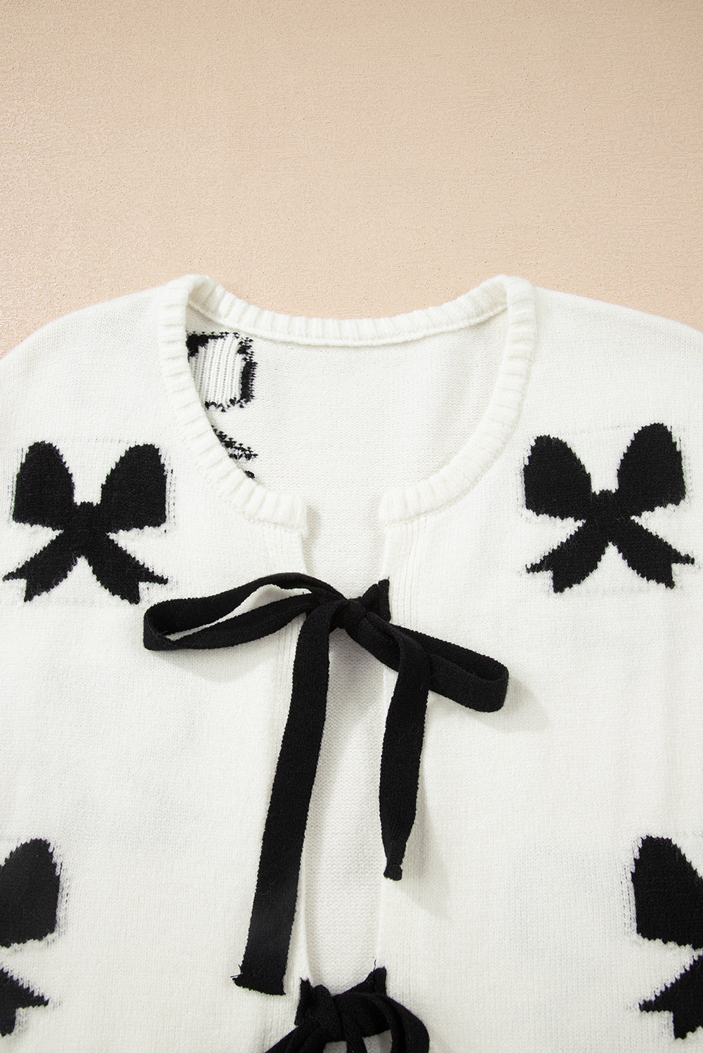 White Lace-up Bow Pattern Sweater Cardigan - eAura