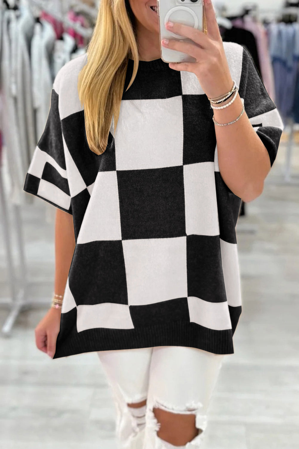 Checkered Pattern Loose Drop Shoulder Half Sleeve Sweater - eAura