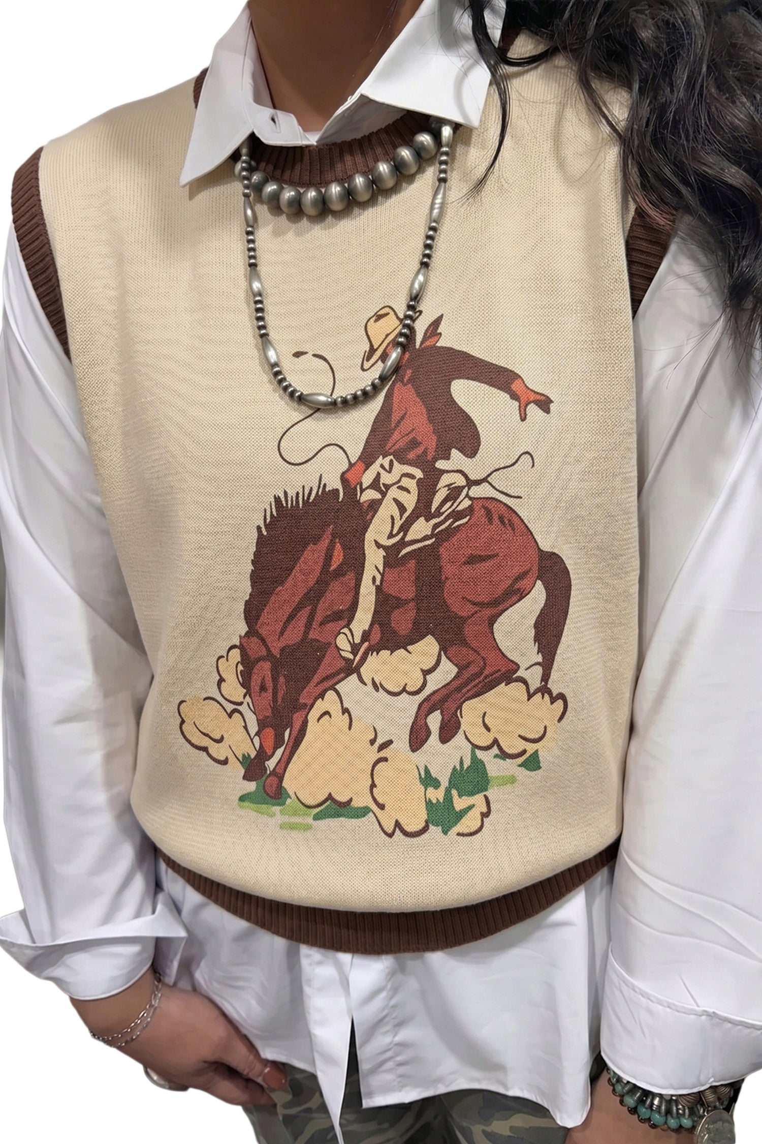 Western Print Colorblock Sleeveless Knit Vest Regular Length – Khaki