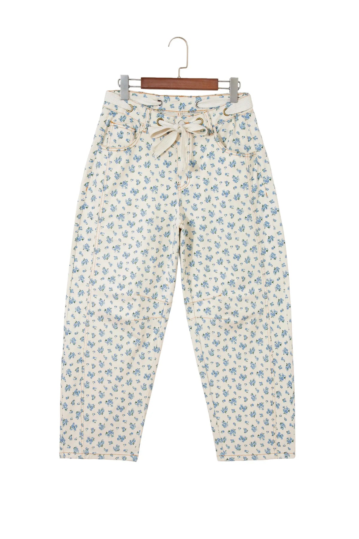 Grommet Knot Waist Floral Barrel Leg Jeans – Beige