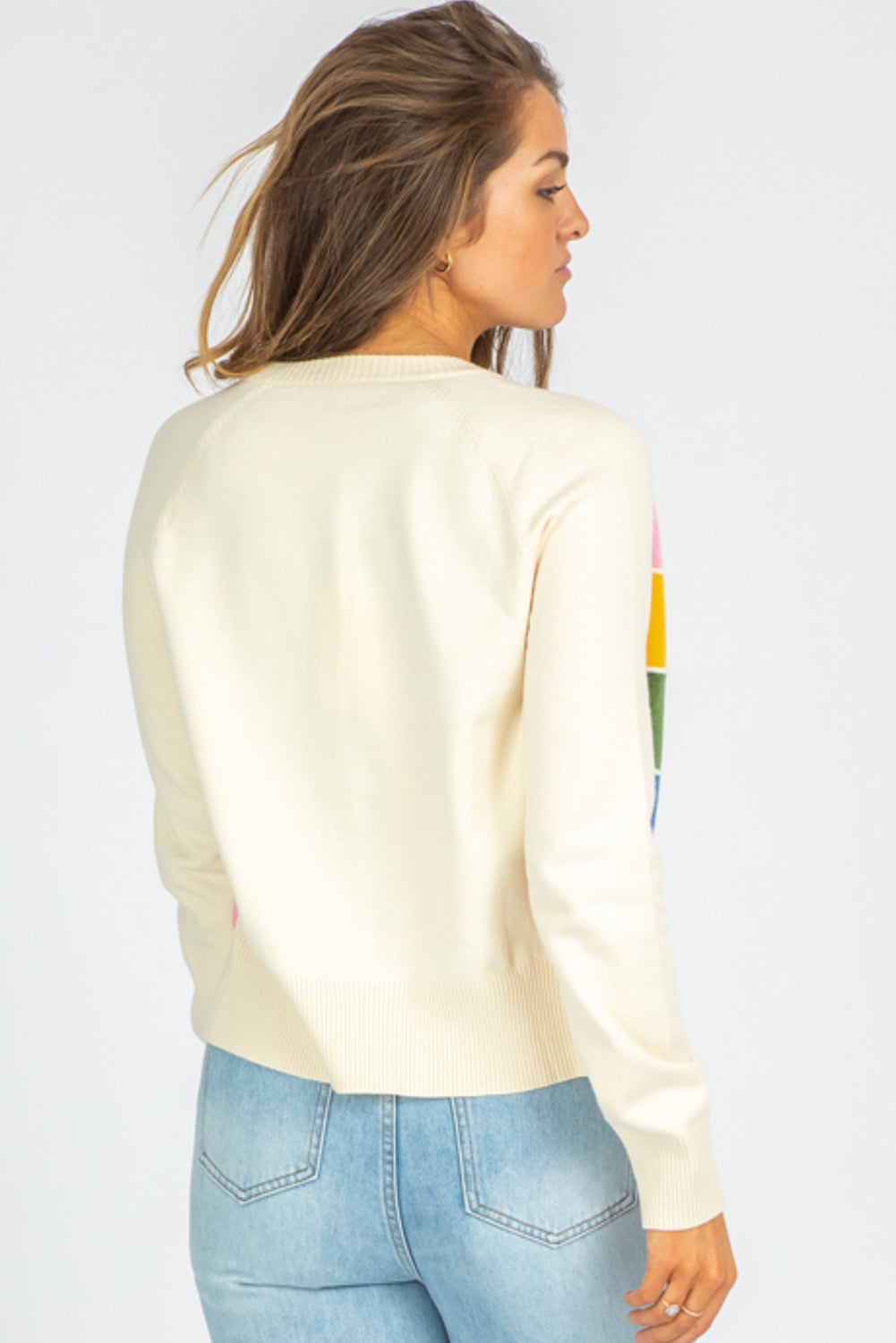 White Stripe Colourful Pattern Button Front Sweater Cardigan eAura