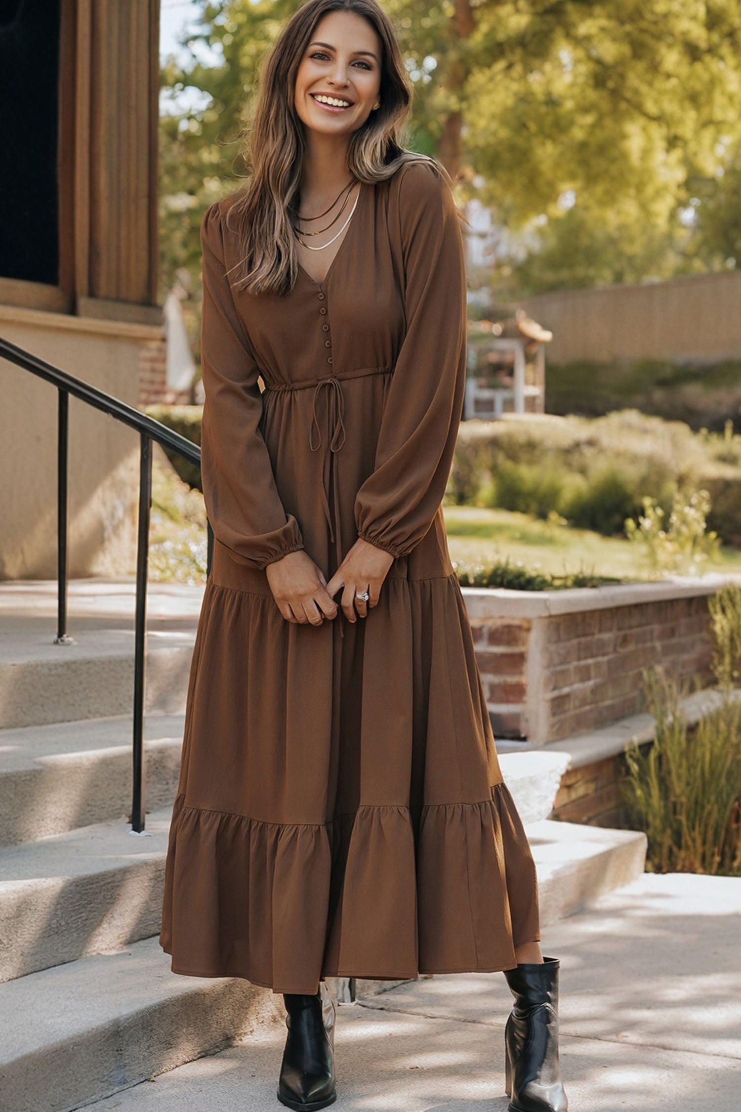 Long Sleeve Button V-Neck Tiered Maxi Dress - eAura