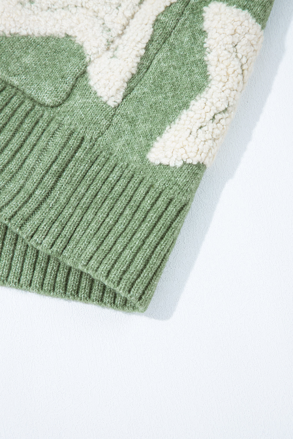 Green Sherpa Star Pattern Textured Sweater Cardigan with Pockets eAura