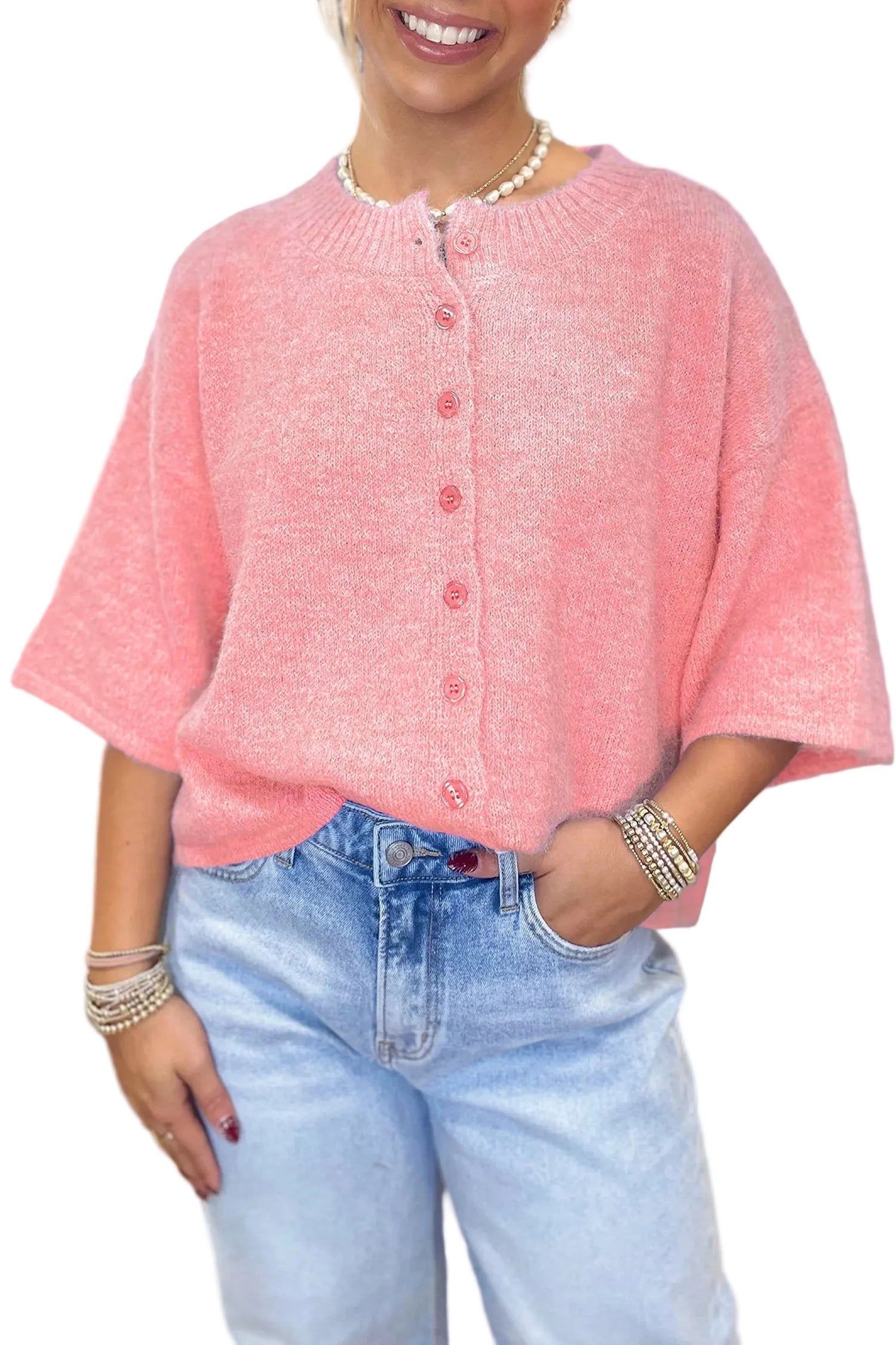 3/4 Sleeve Boxy Knit Button-Down Sweater Cardigan