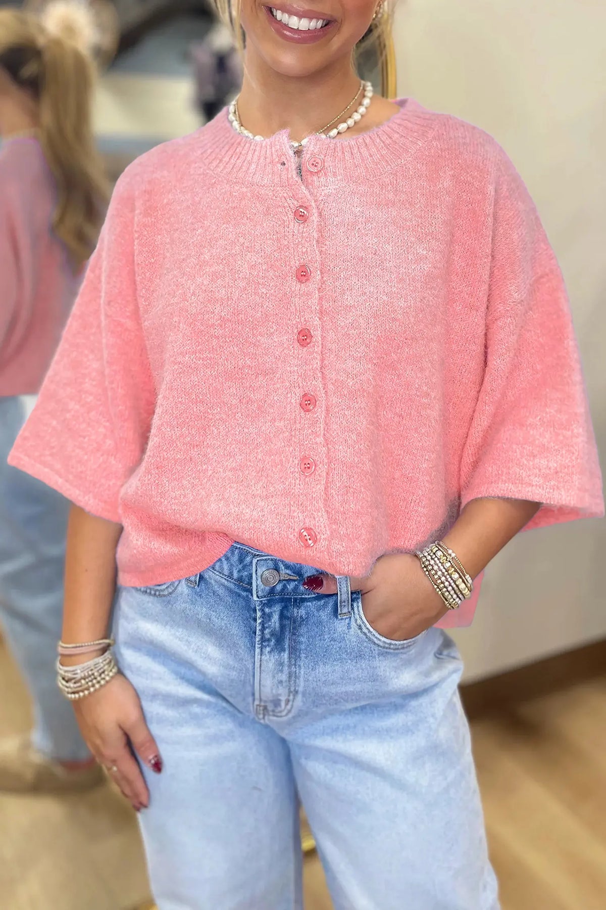 3/4 Sleeve Boxy Knit Button Down Sweater Cardigan – Lavendula