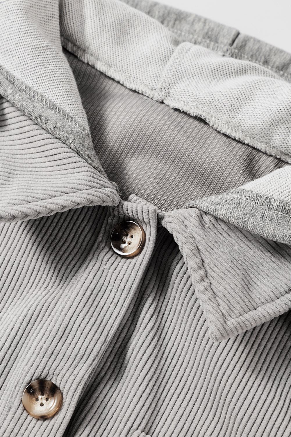 Light Grey Hooded Drawstring Pockets Corduroy Shacket Beagle Boutique Fashion Outlet