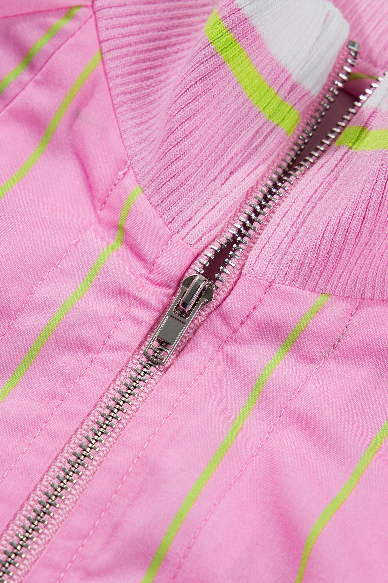 Striped V-Neck Half Sleeve Zipper Ribbed Cuff Casual Shift Blouse – Pink Stripe