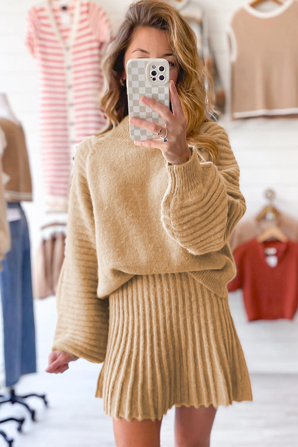 High Neck Puff Sleeve Sweater and Pleated Mini Skirt Co-ord Knit Outfit - eAura