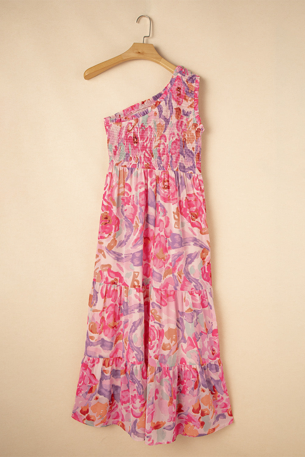 Pink Abstract Floral Print Shirred One Shoulder Maxi Dress eAura