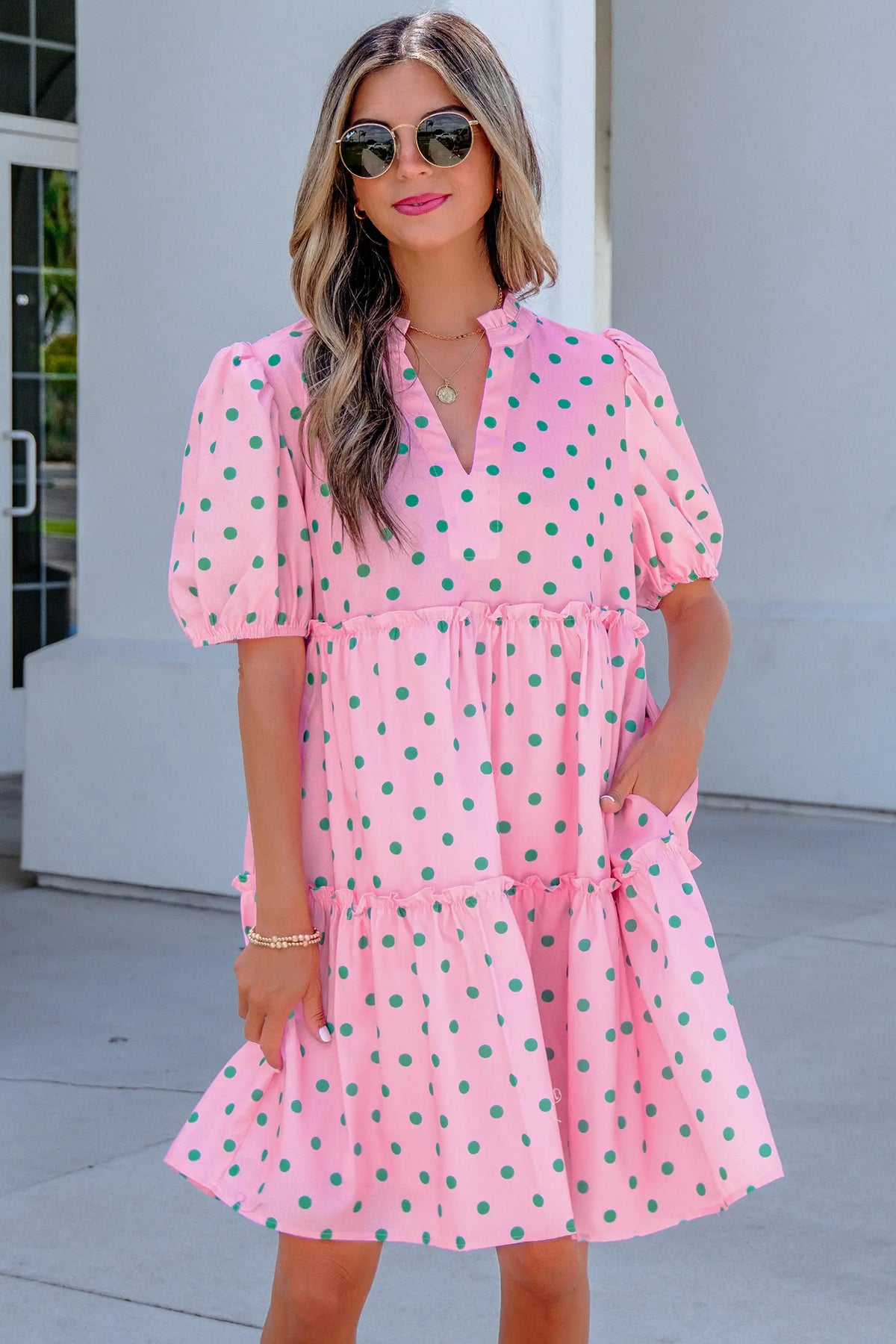 Polka Dot Print V Neck Short Sleeve Tiered Mini Dress – Pink