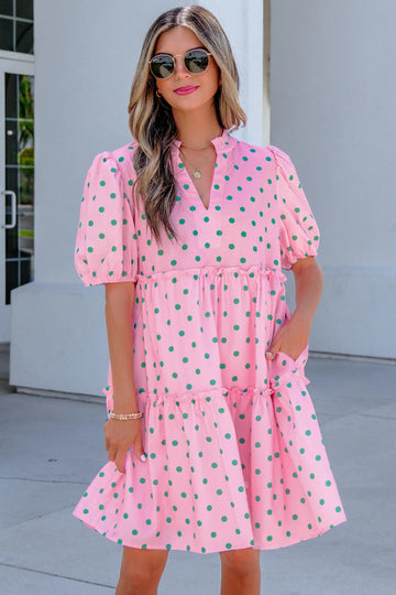 Polka Dot Print V Neck Short Sleeve Tiered Mini Dress – Pink