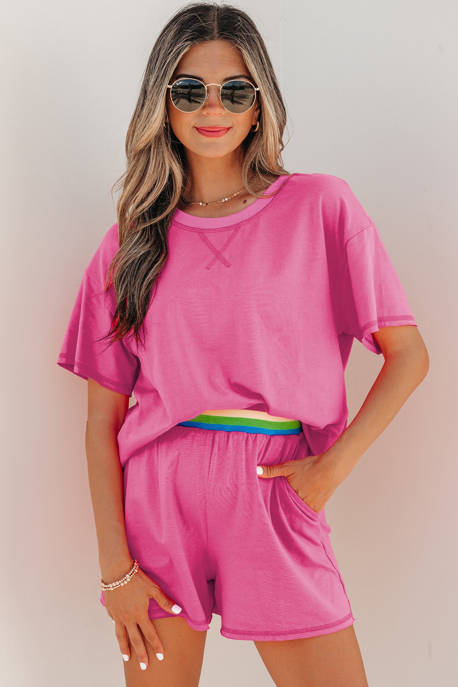 Seam Detail Raw Edge Tee Rainbow Waistband Casual Short Set