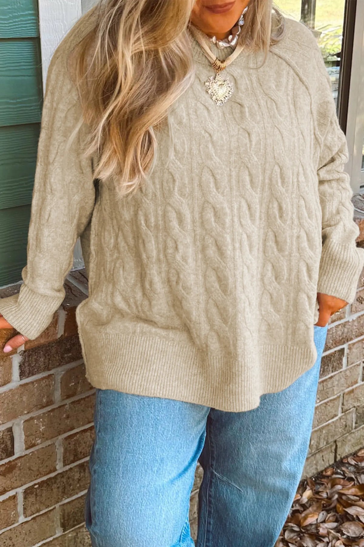 Oversized Cable Knit Long Sleeve Round Neck Tunic Length Plus Size Sweater – Parchment