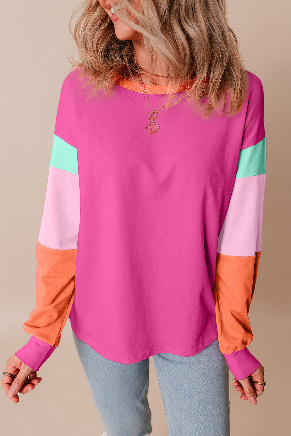 Dark Blue Colourblock Patchwork Long Sleeve Loose Top eAura