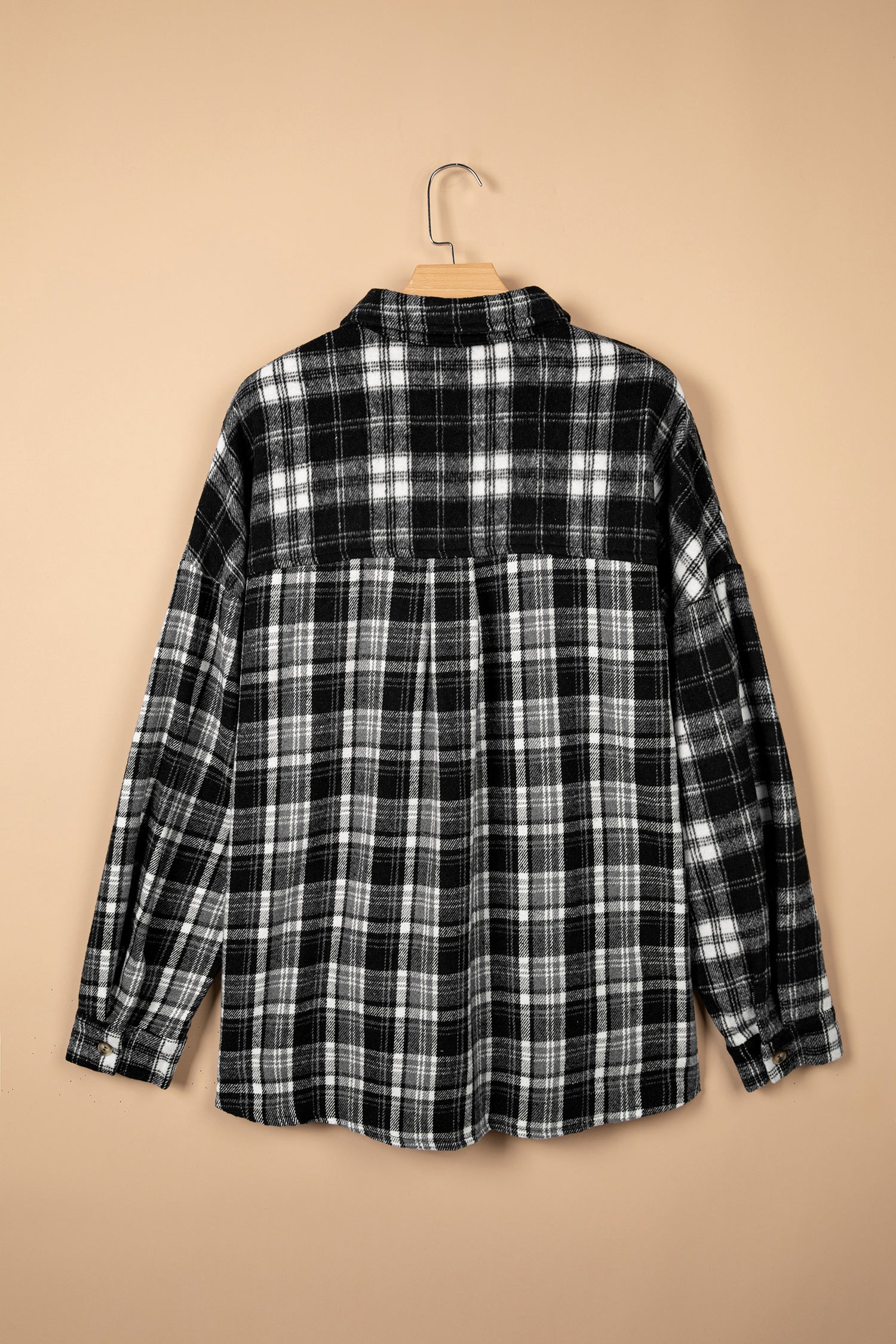 Plaid Long Sleeve V Neck Shift Plus Size Shirt Jacket – Black