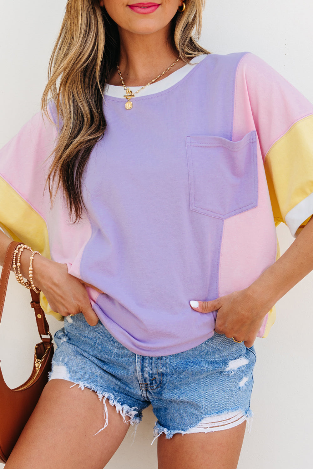 Purple Colour Block Patchwork Half Sleeve Oversized T Shirt eAura