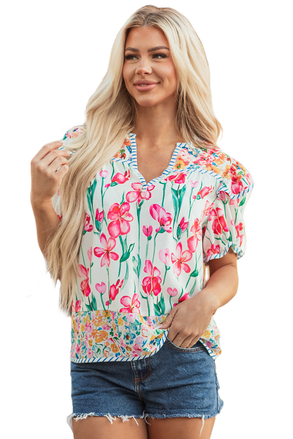 Pink Floral Print Striped Detail Split Neck Short Sleeve Blouse eAura