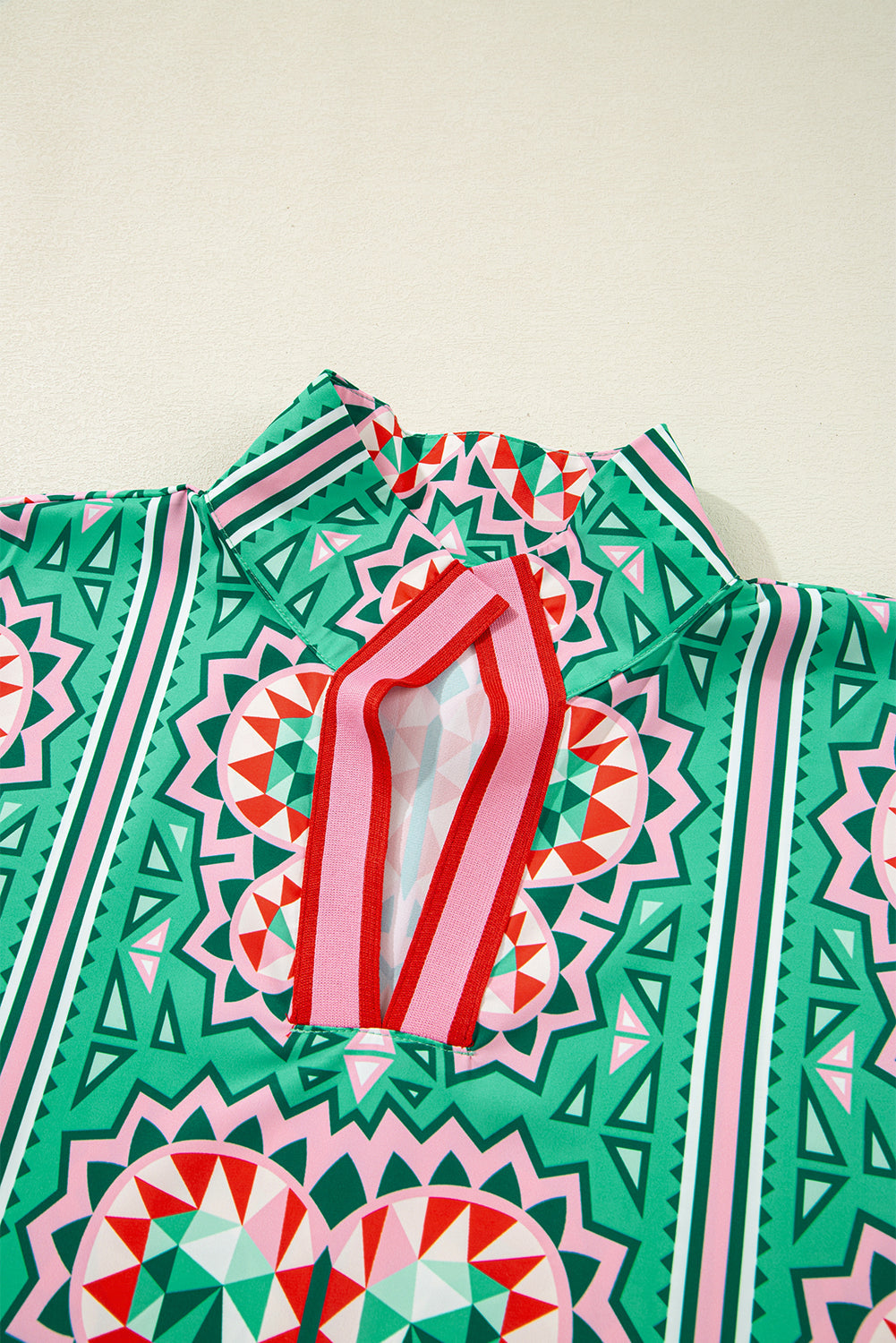 Green Boho Abstract Print Contrast Striped Collared V Neck Blouse BB Fashion Outlet