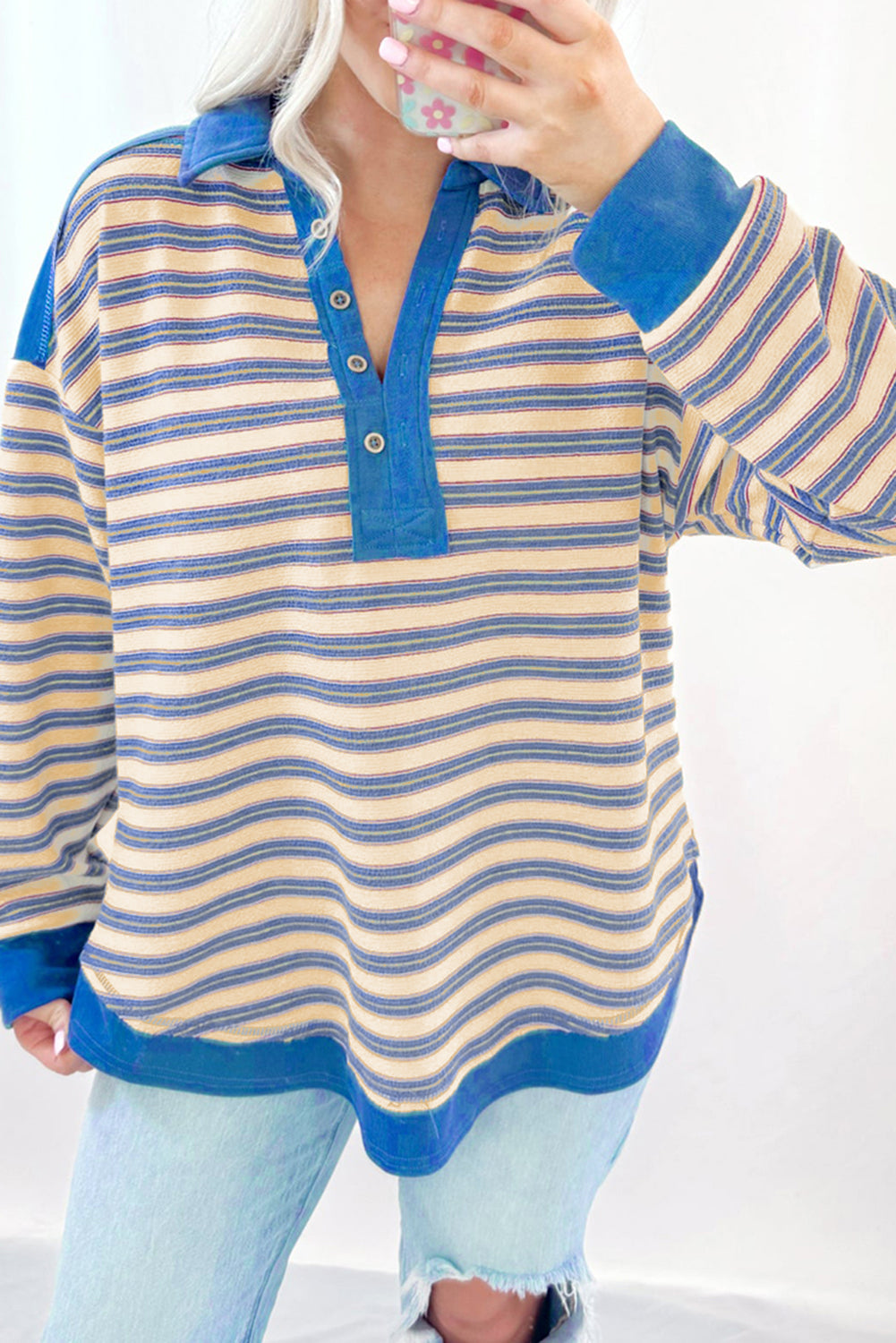 Blue Stripe Buttoned V Neck Collared Drop Shoulder Top BB Fashion Outlet