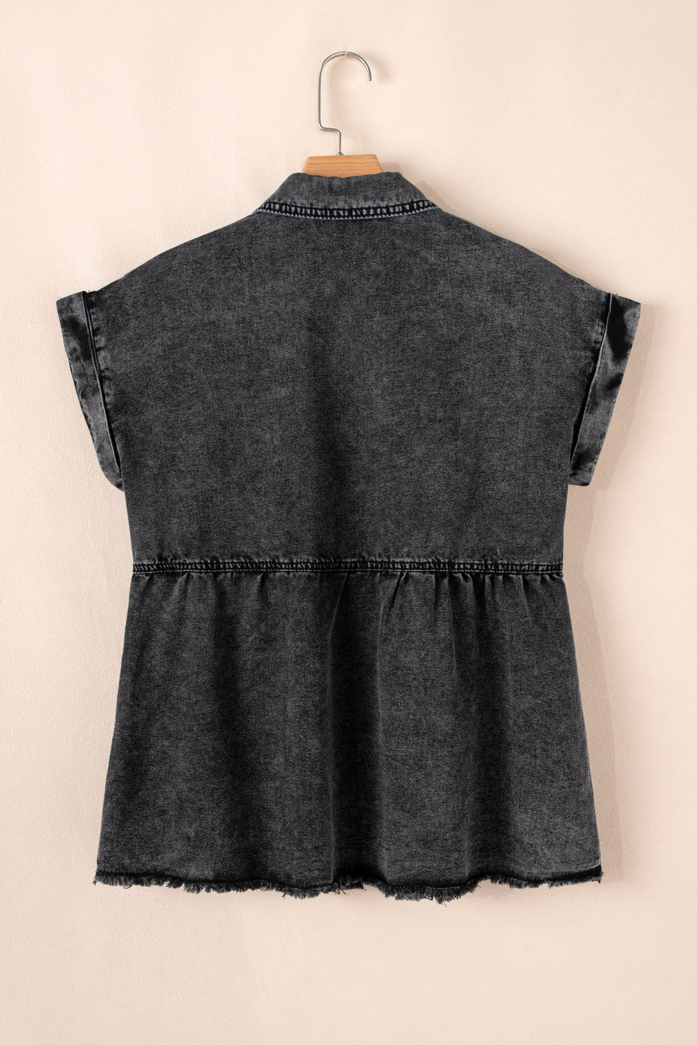 Black Short Sleeve Flap Pocket Button Up Raw Hem Denim Shirt eAura