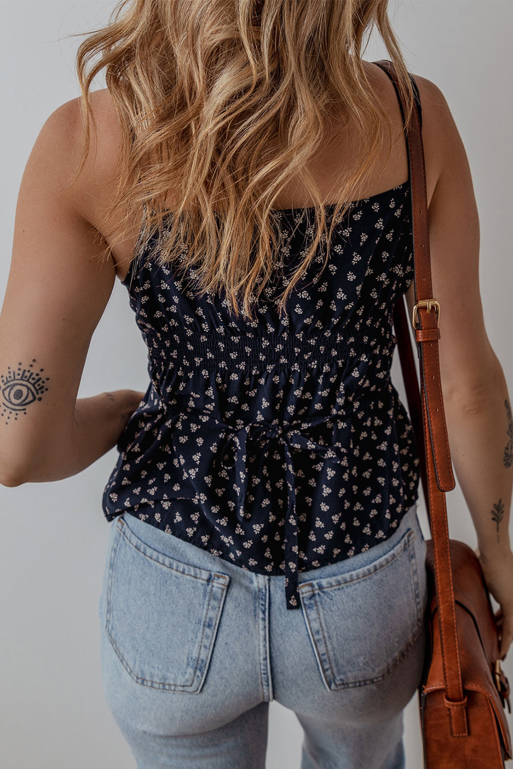 Blue Floral Print Spaghetti Strap Buttoned V Neck Cami Top eAura