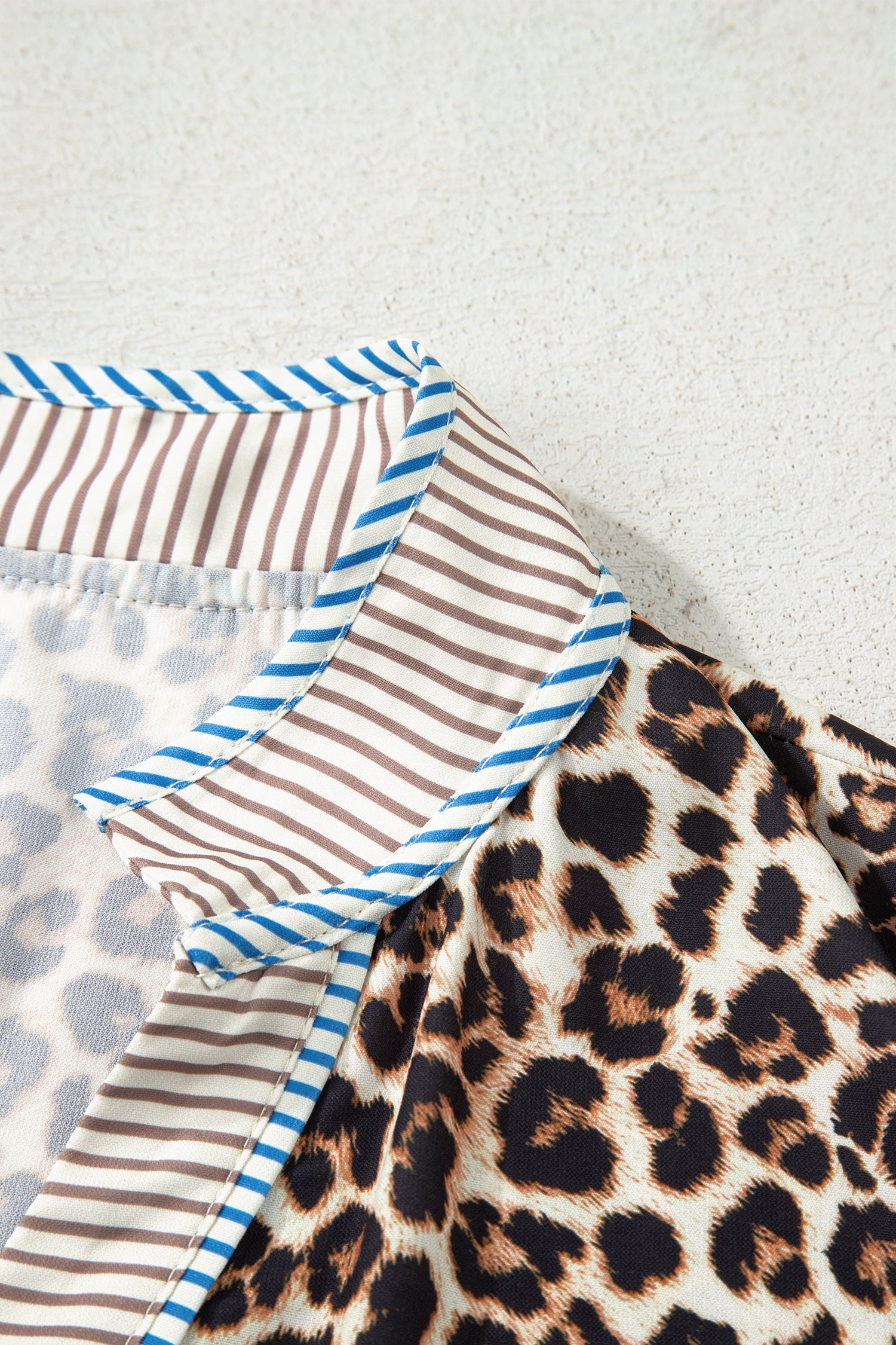 Plus Size Leopard Print Striped Trim V-Neck Drop Waist Long Sleeve Mini Dress - eAura