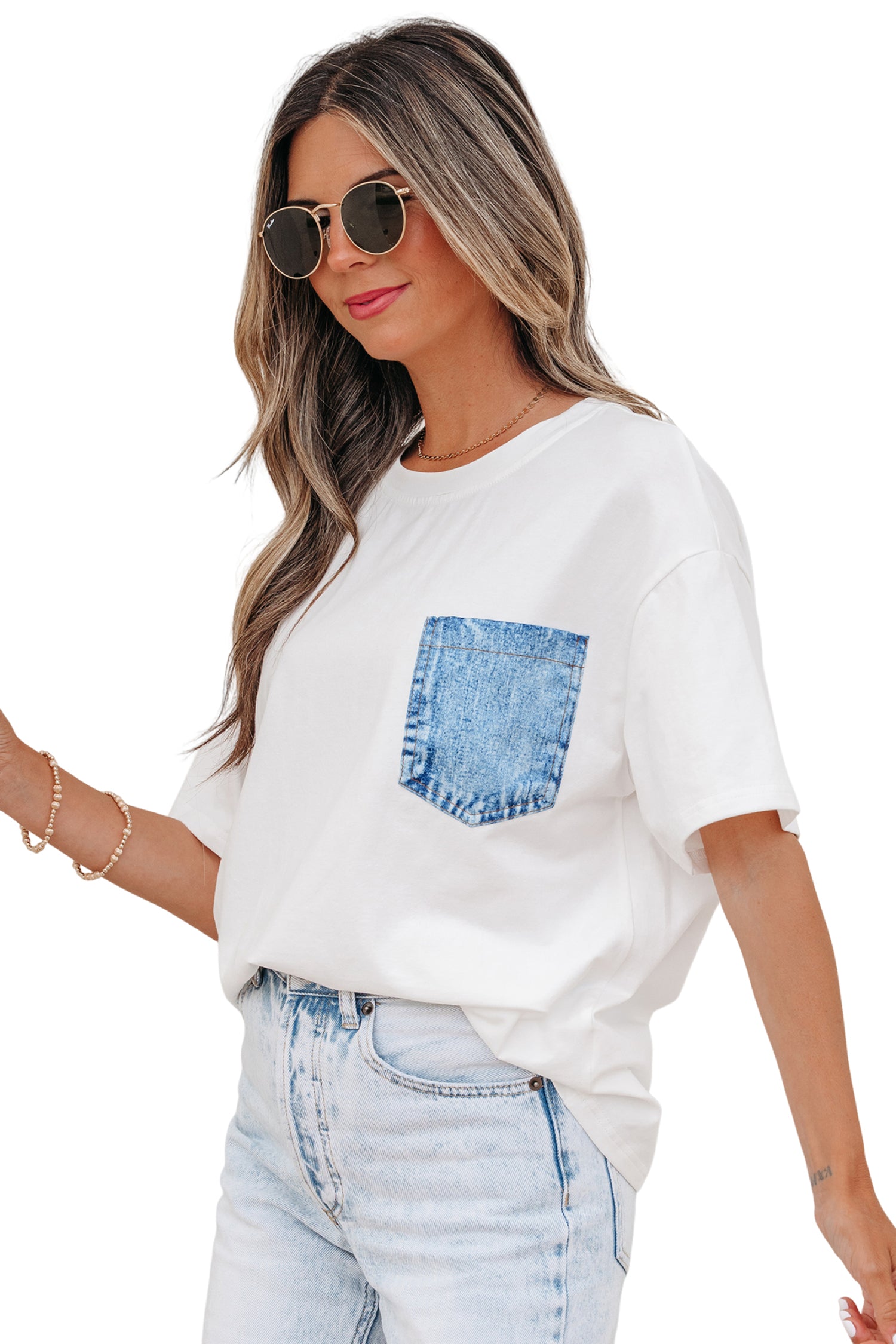 Colour Block Chest Pocket Patched Casual Short Sleeve Top