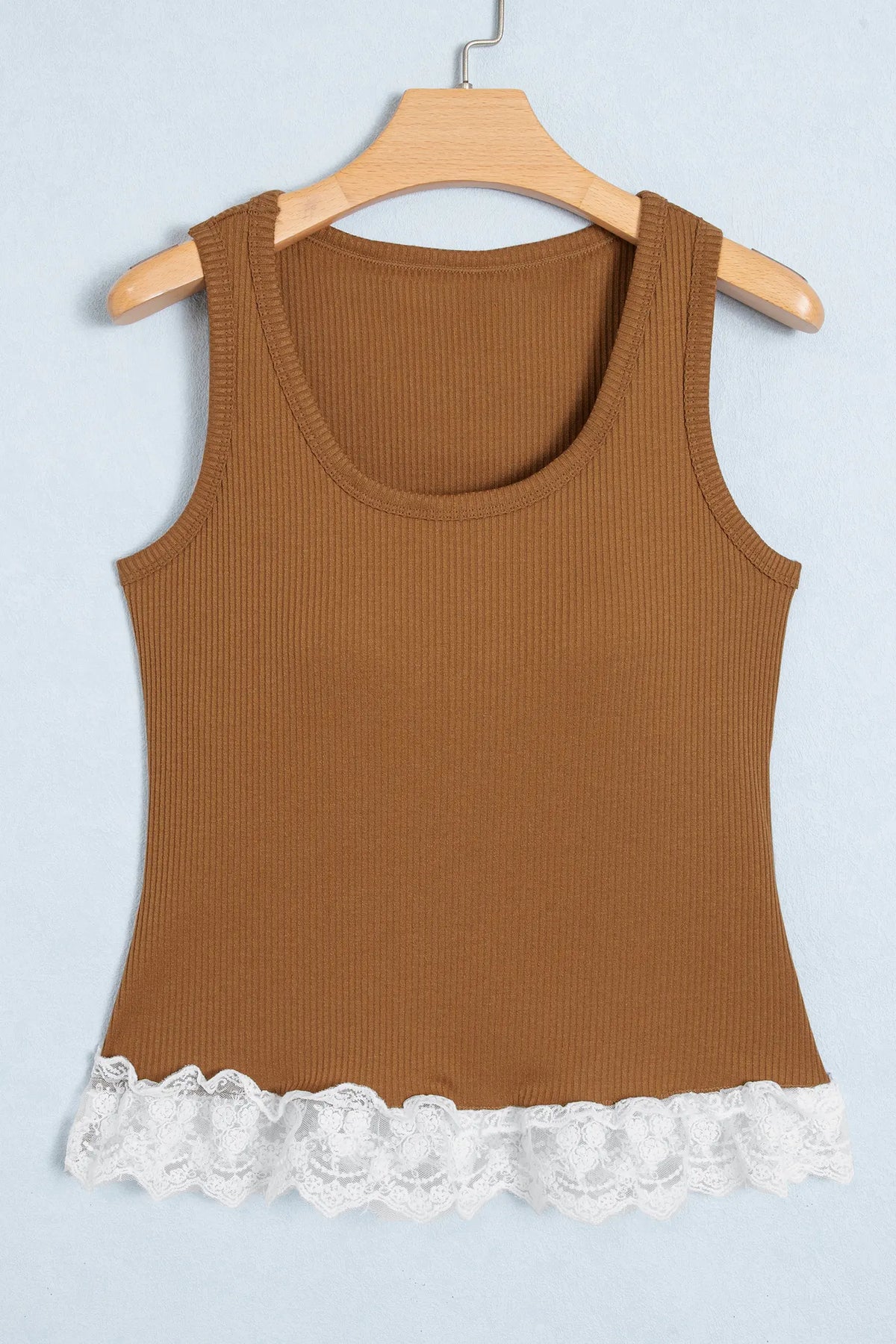 Ribbed Knit Sweet Lace Hem Vest – Beige