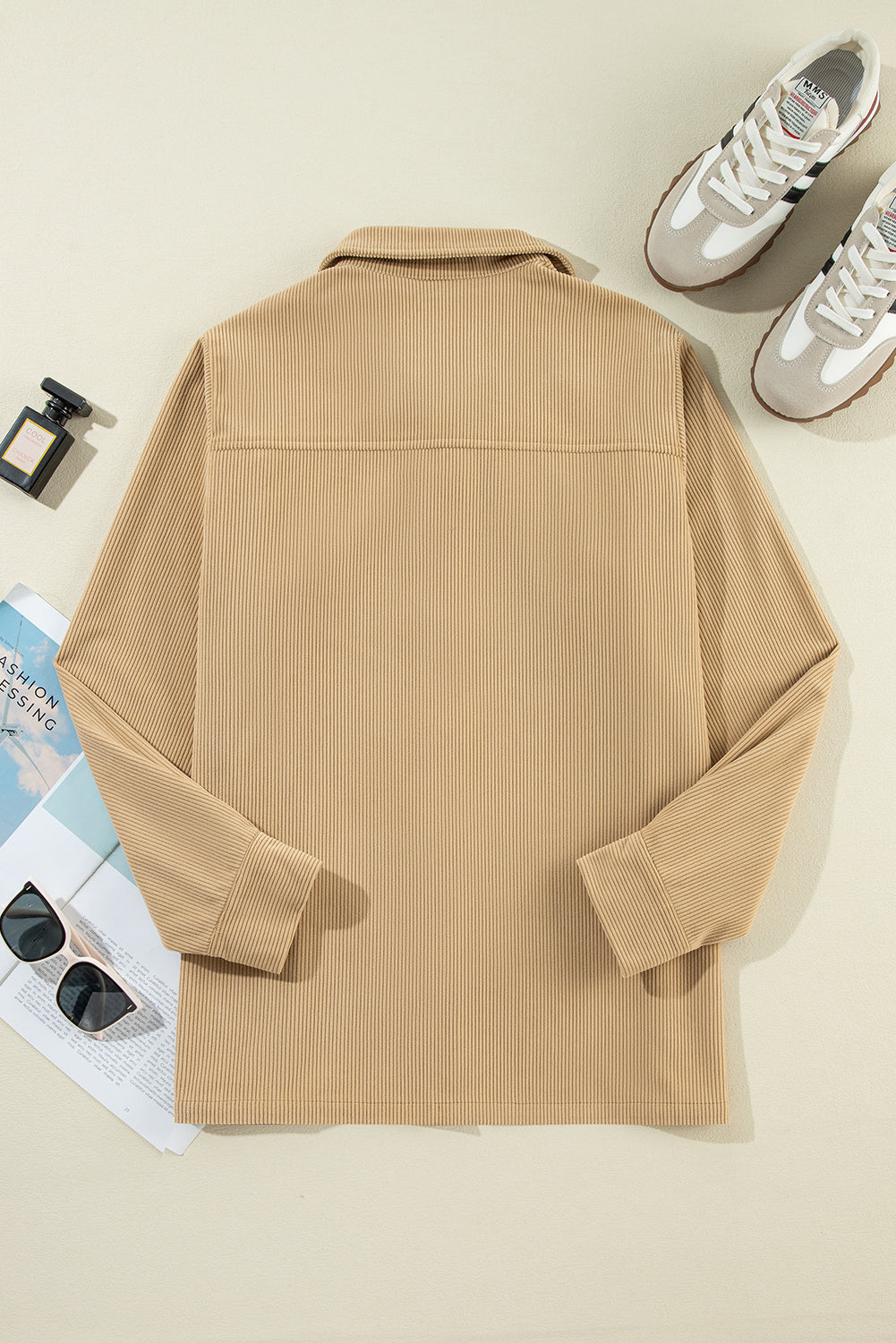 Light French Beige Solid Frilled Flap Pocket Button Up Corduroy Shacket Beagle Boutique Fashion Outlet
