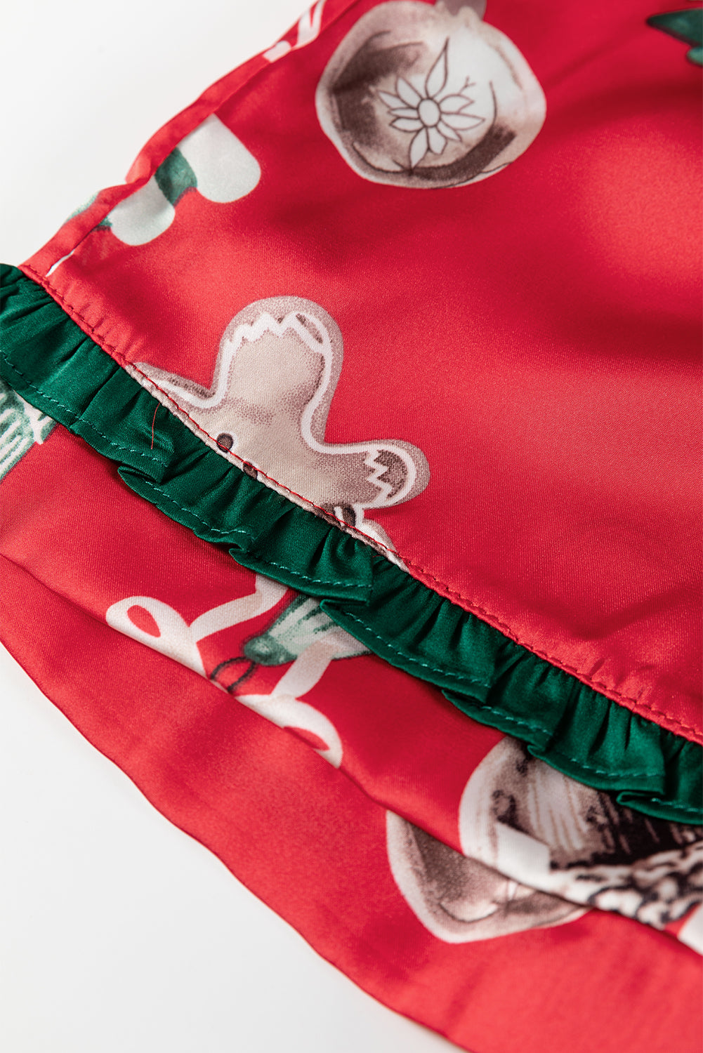 Red Christmas Contrast Ruffle Trim Ribbon Bow Knot Pyjamas - eAura