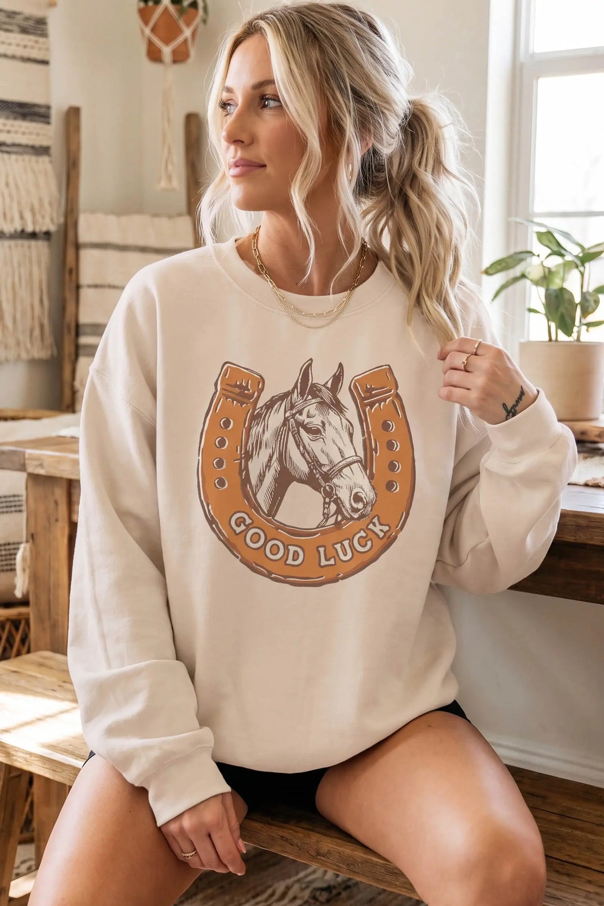 GOOD LUCK Western Horse Print Oversized Pullover Sweatshirt – Beige