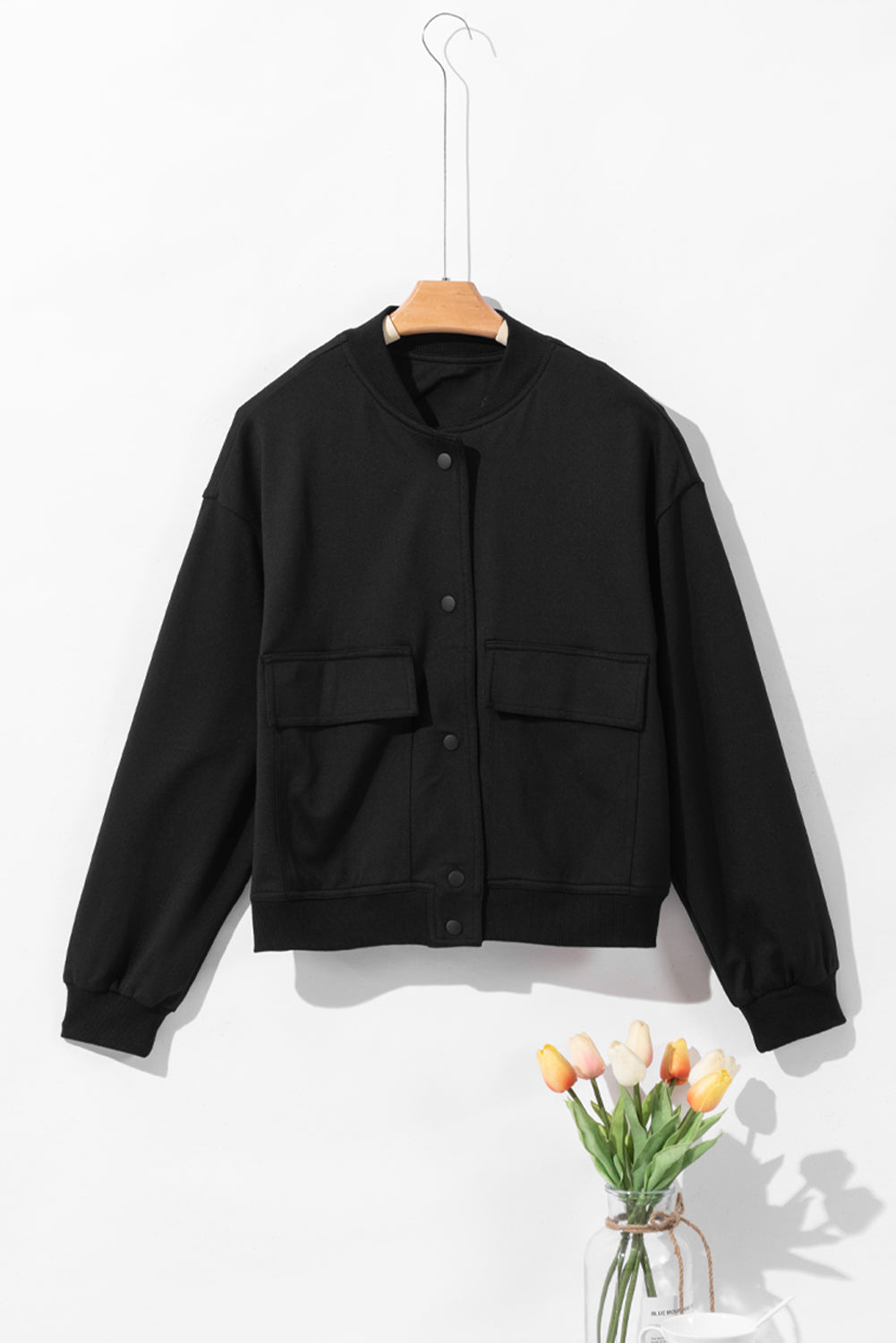 Black Big Pockets Baseball Collar Jacket Beagle Boutique Fashion Outlet