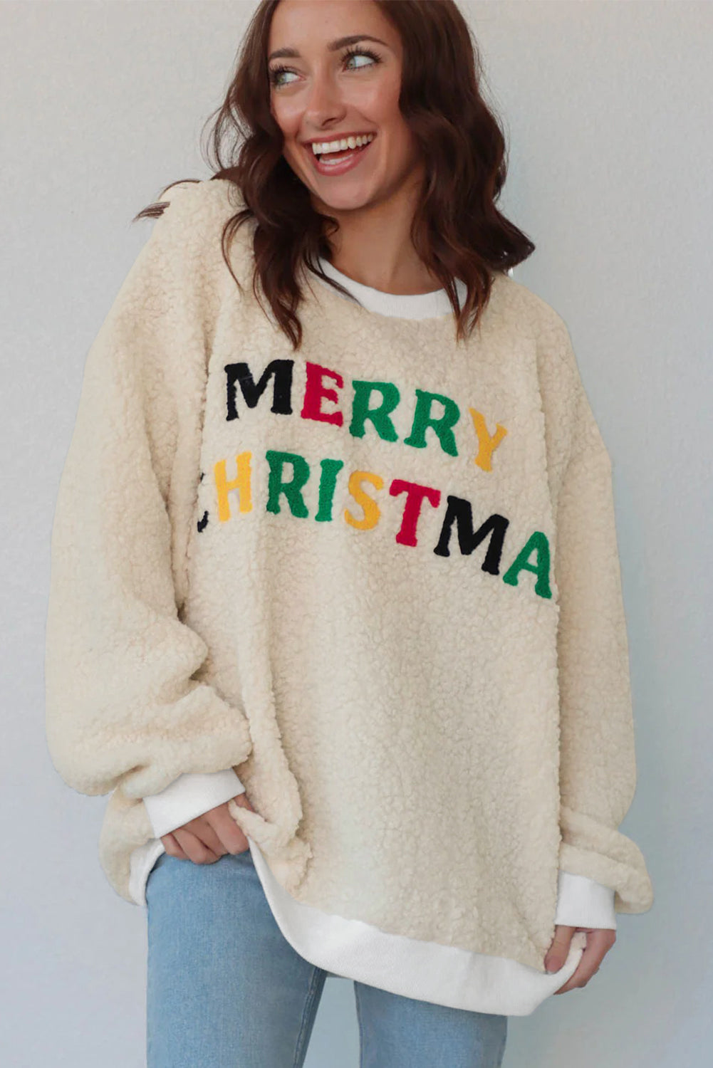 MERRY CHRISTMAS Multicoloured Embroidered Sherpa Pullover Sweatshirt - eAura