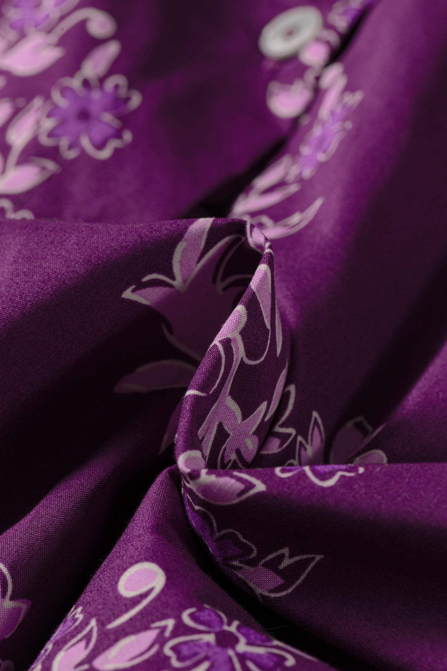 Floral Print Button Front Long Puff Sleeve Shirt – Purple