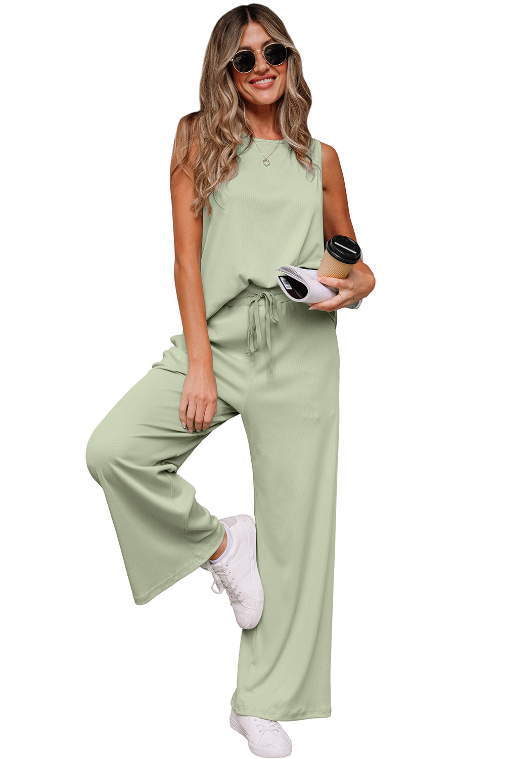 Green Textured Tank Top and Drawstring High Waist Trousers Co-ord Set eAura